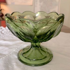 Vintage Viking Art Glass Avocado Green Compote Footed Candy Dish Serving Bowl